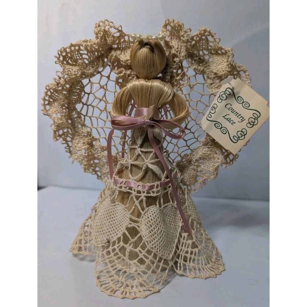 Vintage‎ Homemade Lace Angel Corn Husk Country Crochet Figurine 6.5"